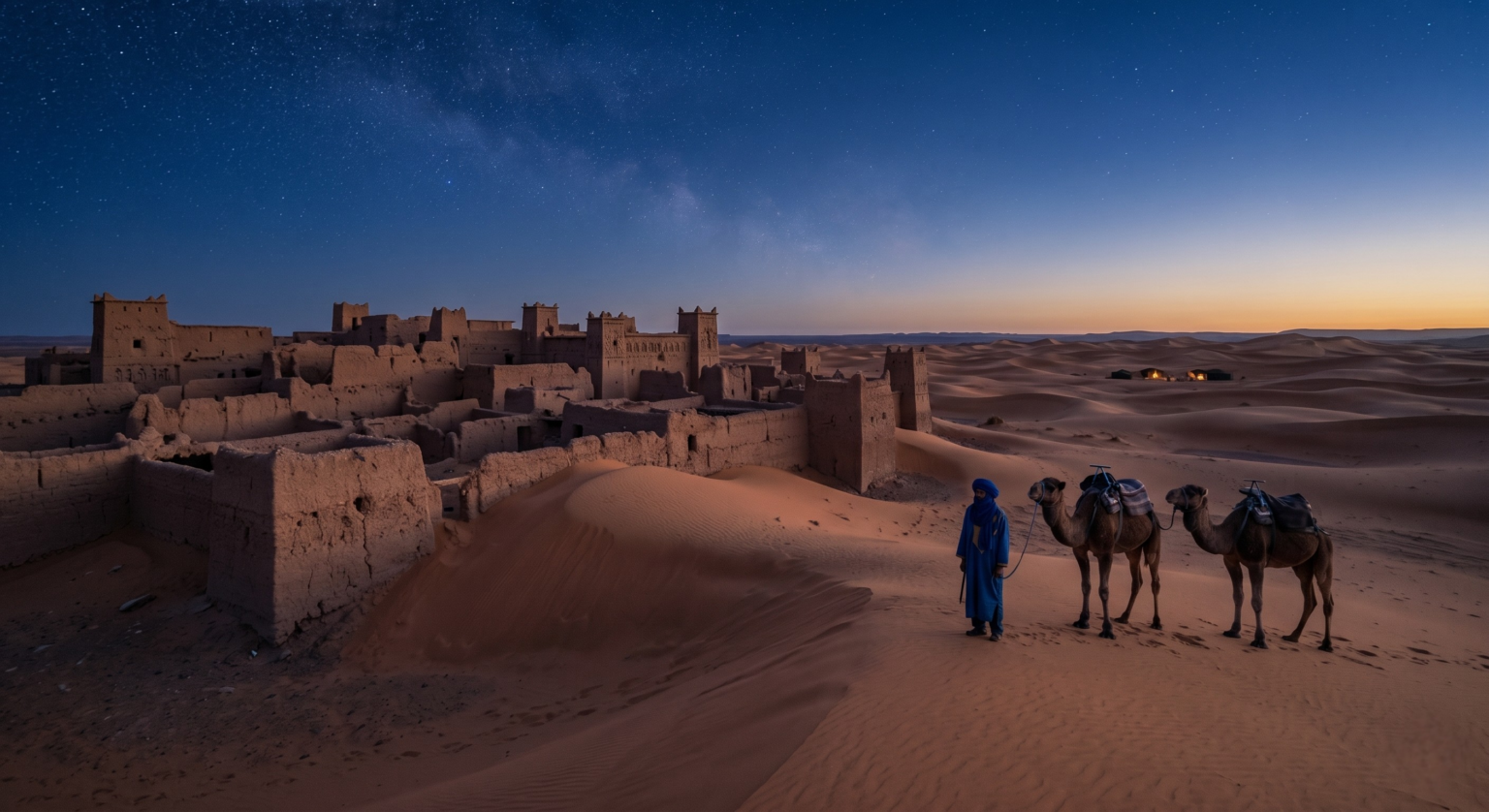 A sweeping, cinematic photograph of M'Hamid El Ghizlane at the blue hour. The ancient, crumbling mud-brick walls of the old ksar are partially buried by soft, drifting orange sand. A lone blue-turbaned nomad stands with two camels, looking out toward the infinite horizon where the desert meets a star-filled sky. In the distance, the faint lights of a desert camp flicker. Style: High-end travel photography, National Geographic style, deep blue and warm sand tones, sharp textures on the earthen architecture.