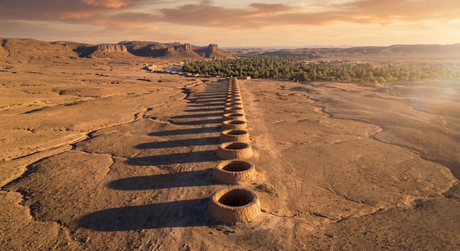 An epic aerial drone photograph of a line of Moroccan Khettara vertical shafts stretching across the desert landscape of the Tafilalet. The circular mud-brick mounds look like a giant's footsteps leading toward a lush green oasis in the distance. The low sun creates long, dramatic shadows across the dry earth. Style: High-end documentary photography, National Geographic style, sharp focus on the geometric pattern of the shafts, warm golden hour tones.