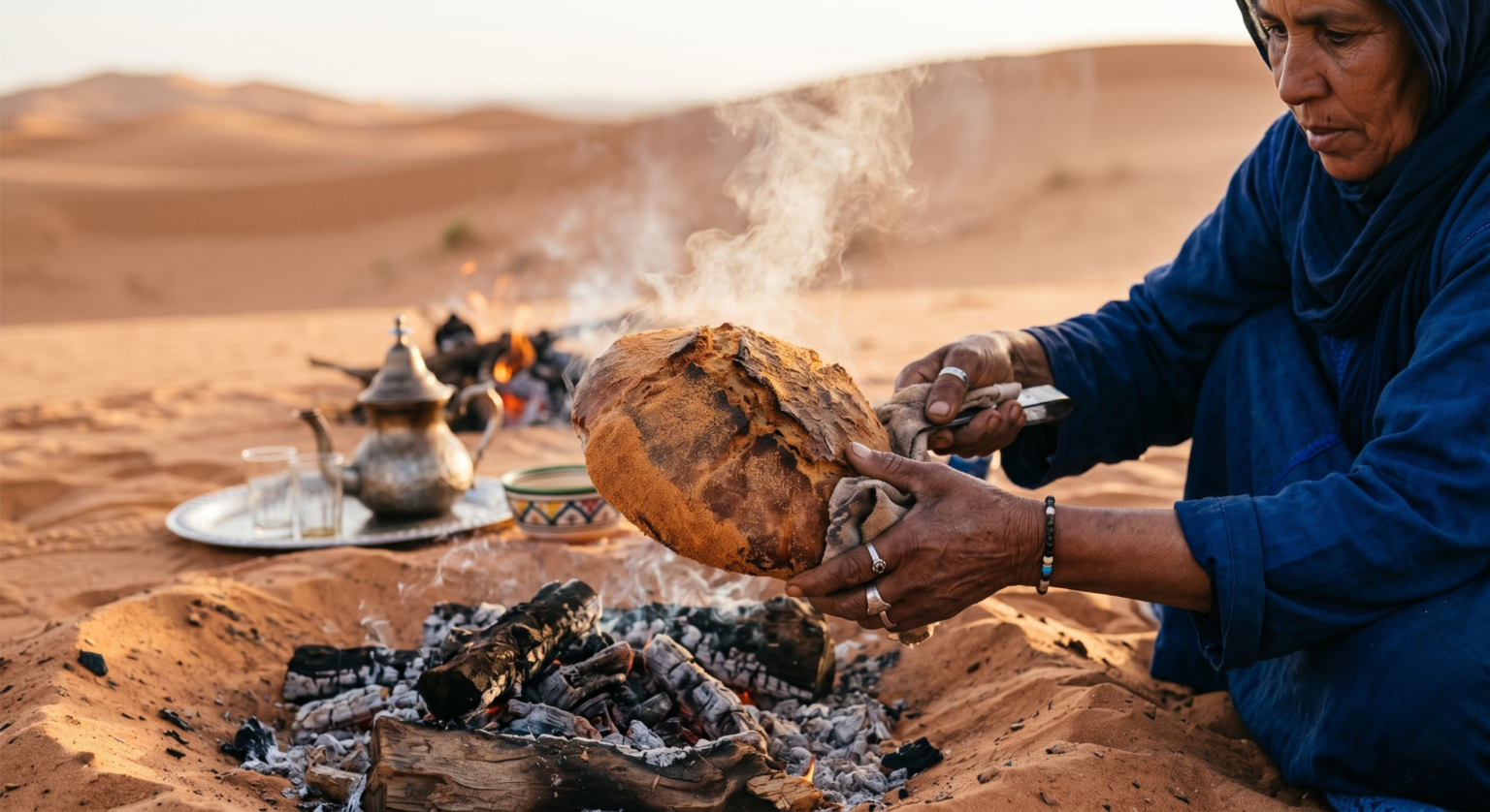 A soulful, close-up photograph of a nomad's weathered hands pulling a round, golden loaf of sand-baked bread from the smoking desert embers. A light dusting of fine orange sand falls from the crust, and steam rises into the cool morning air. In the background, a small desert campfire and a traditional tea set are visible against the soft-focus dunes of the Sahara. Style: High-end food and travel photography, sharp focus on the bread's texture, warm natural lighting, authentic and rustic atmosphere.